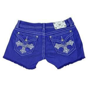 Y2K Miss Me Purple Western Cross Bling Shorts Size 29 Low Rise 5 Pocket Denim